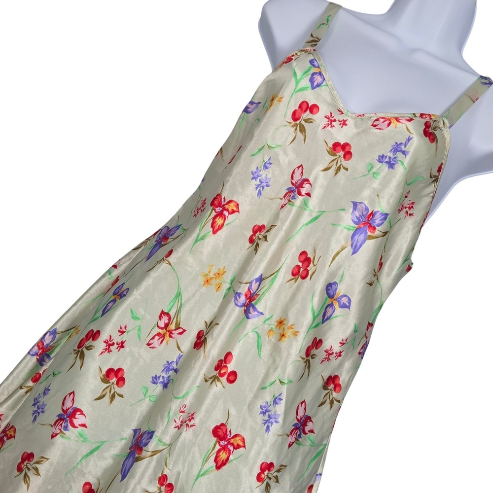 Vintage Y2K 90s Women Large (see meas.) Satin Slip Dress Cherry Floral Print